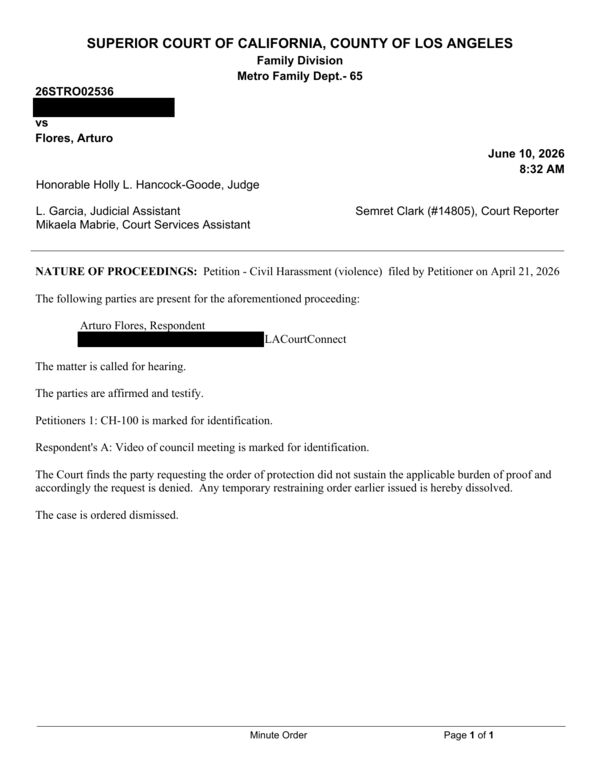 Los Angeles Superior Court minute order, June 10, 2026, case 26STRO02536