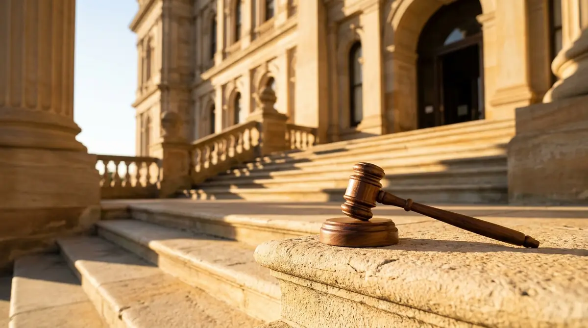 Sunlit courthouse steps with a gavel at morning